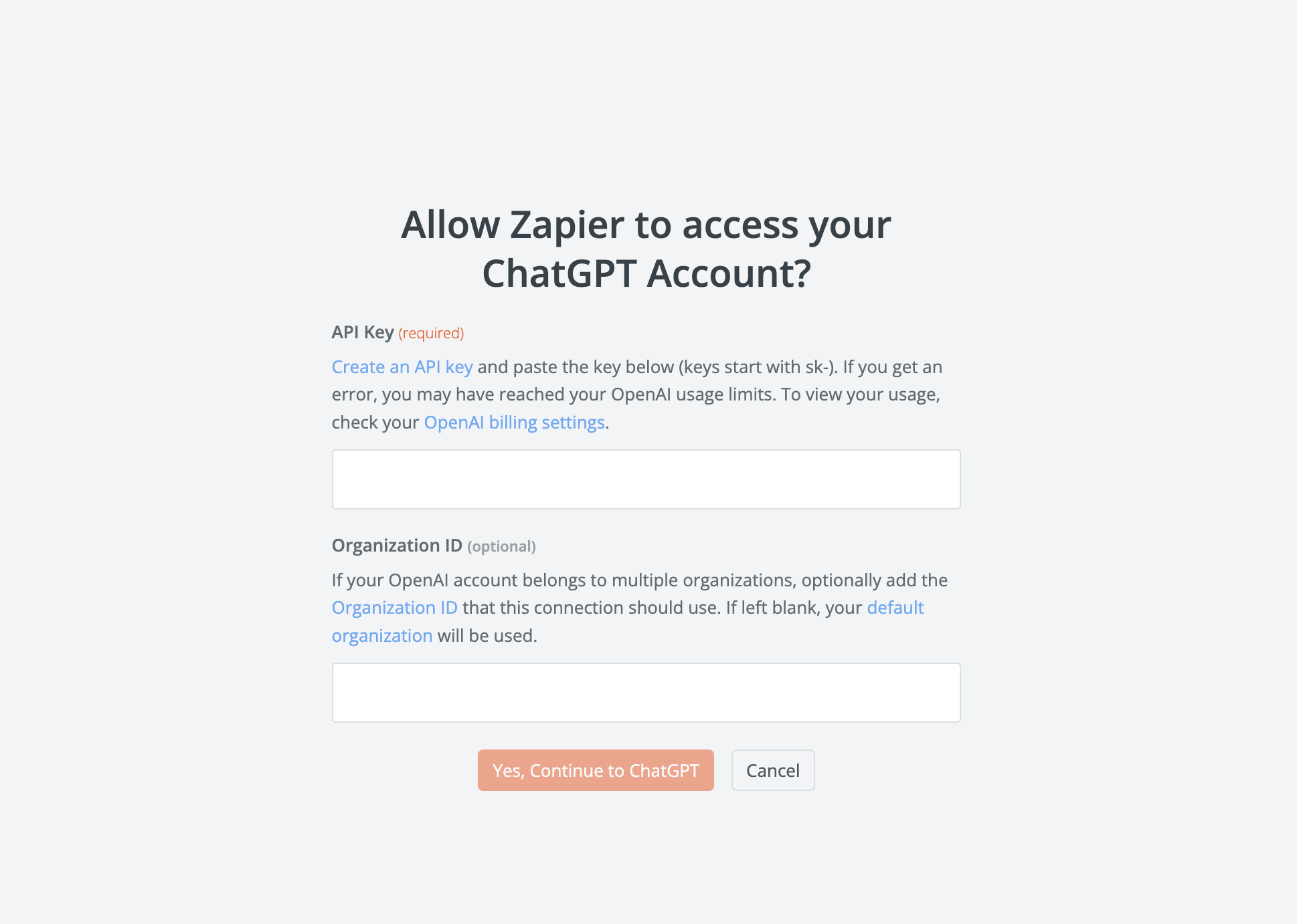 A pop-up asking for permission for Zapier to access your ChatGPT account.