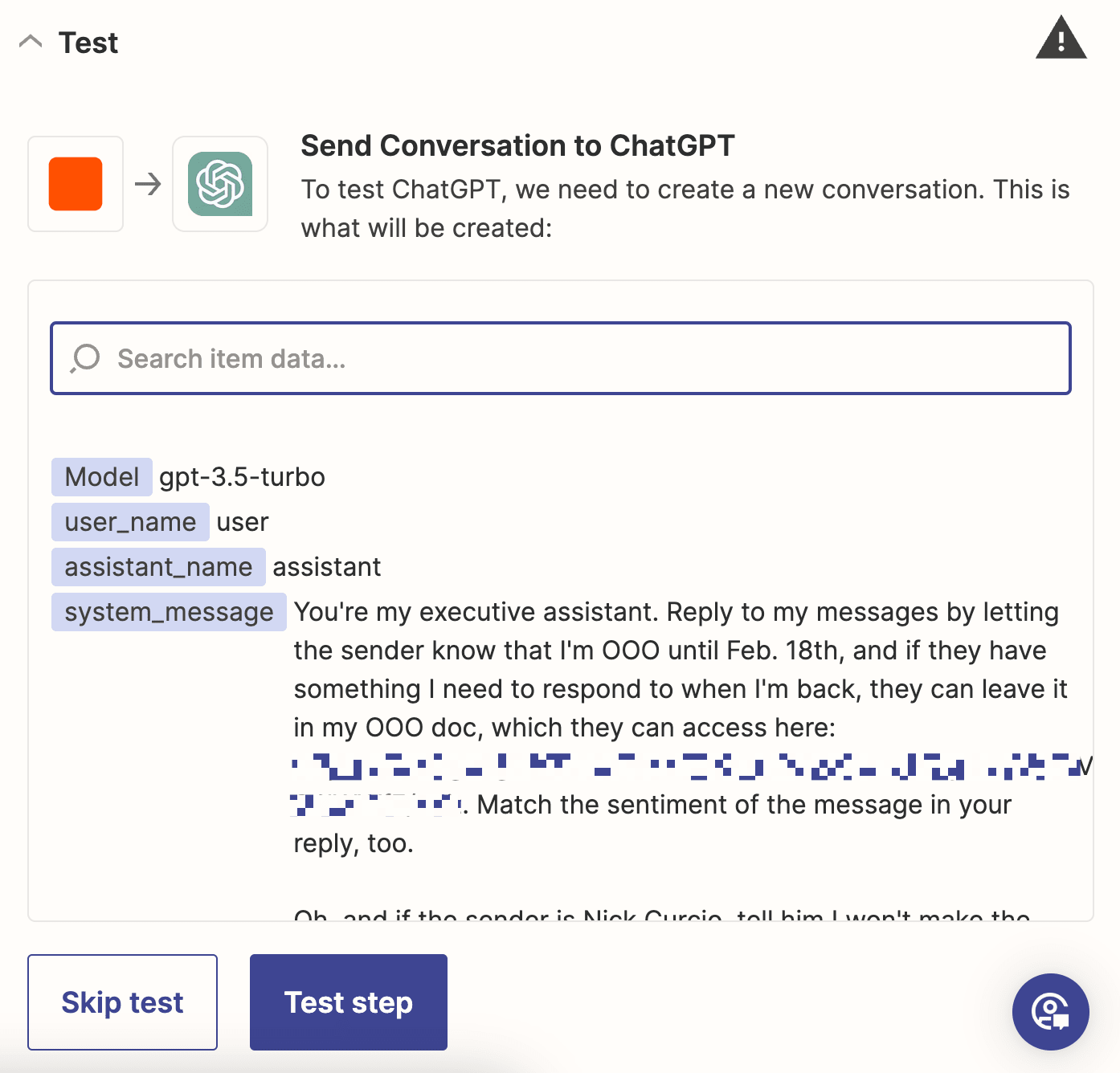 A test step in the Zap editor for a ChatGPT response.