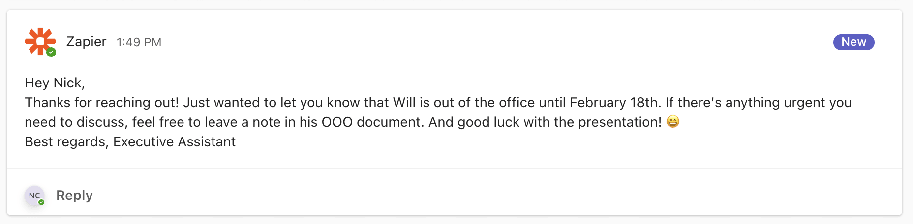 An out of office response in Microsoft Teams.