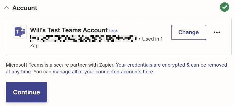 A selected Microsoft Teams account in the Zap editor.