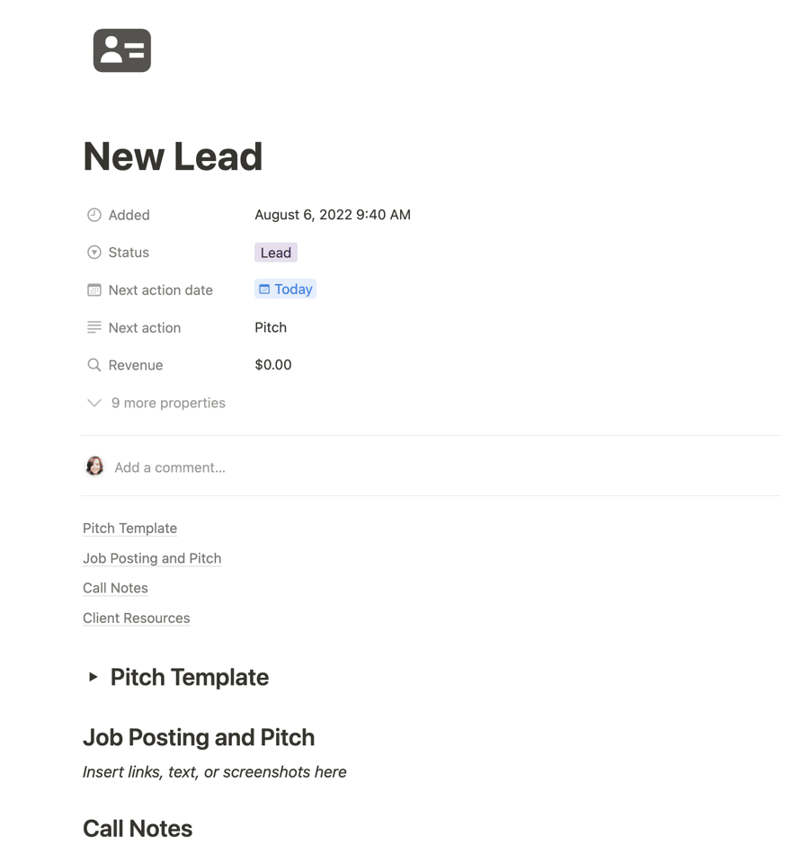 A new lead template in the Notion CRM