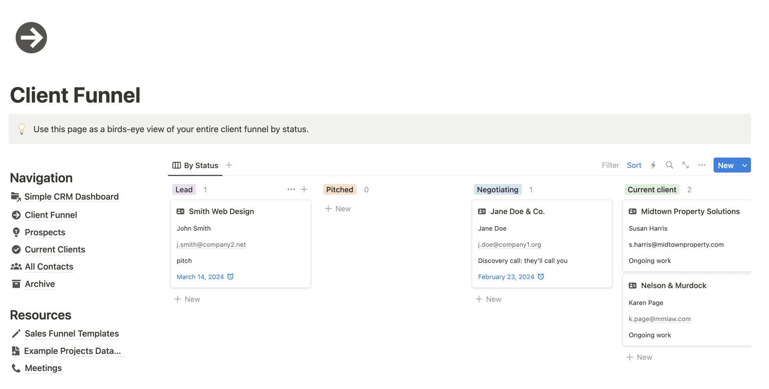 The client funnel in the Notion CRM