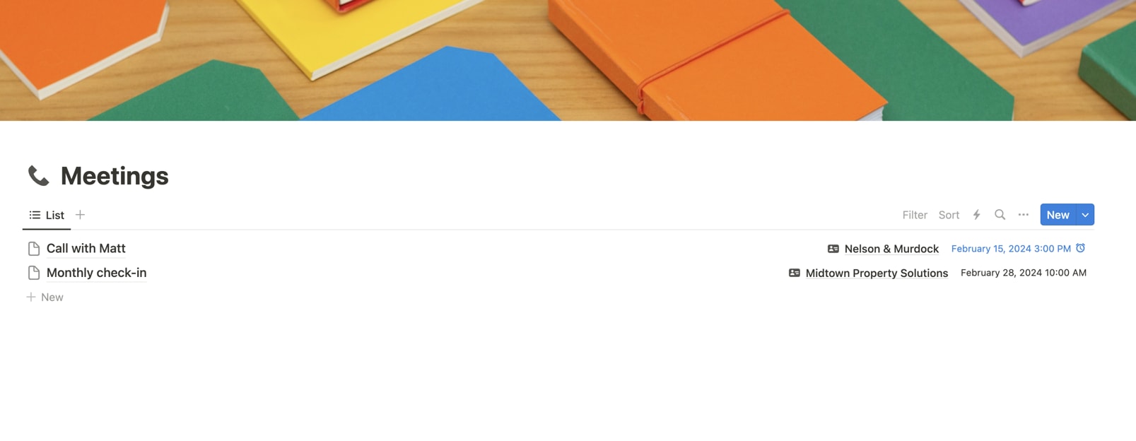 Meetings database in the Notion CRM