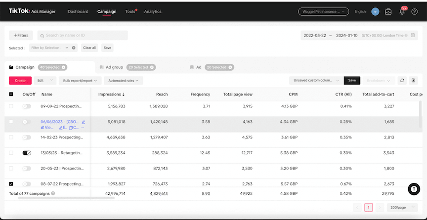 TikTok campaign stats