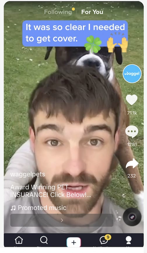 An example of a TikTok that Upbeat Agency implemented for Waggel using a micro-influencer