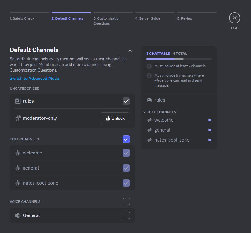 Setting default channels in Discord