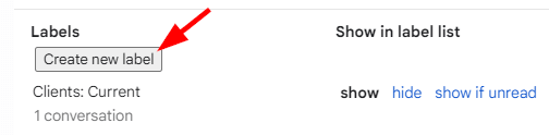 The create new label button in Gmail