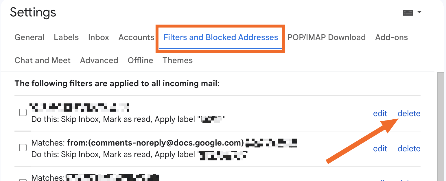 The Filters and Blocked Addresses tab in Gmail