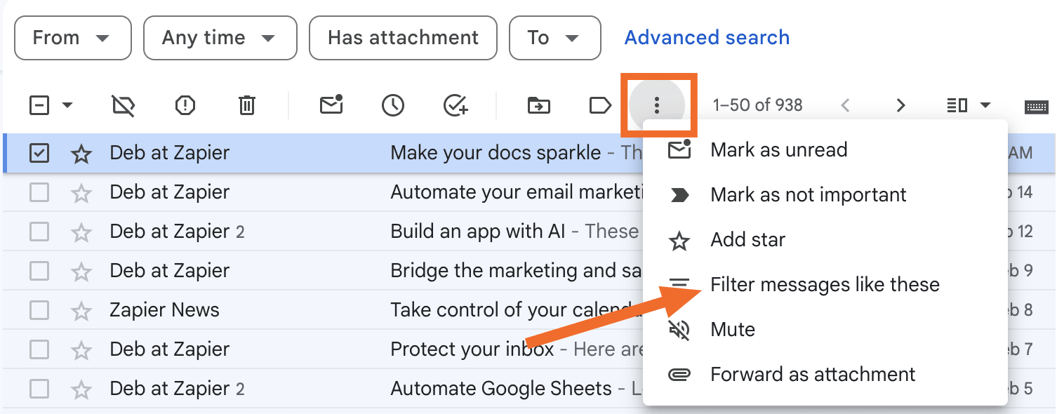 The "filter messages like these" option in Gmail