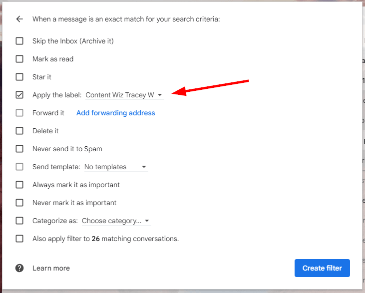 Selecting to apply the label automatically in Gmail