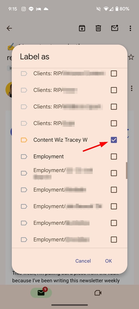 Selecting a label on mobile in Gmail