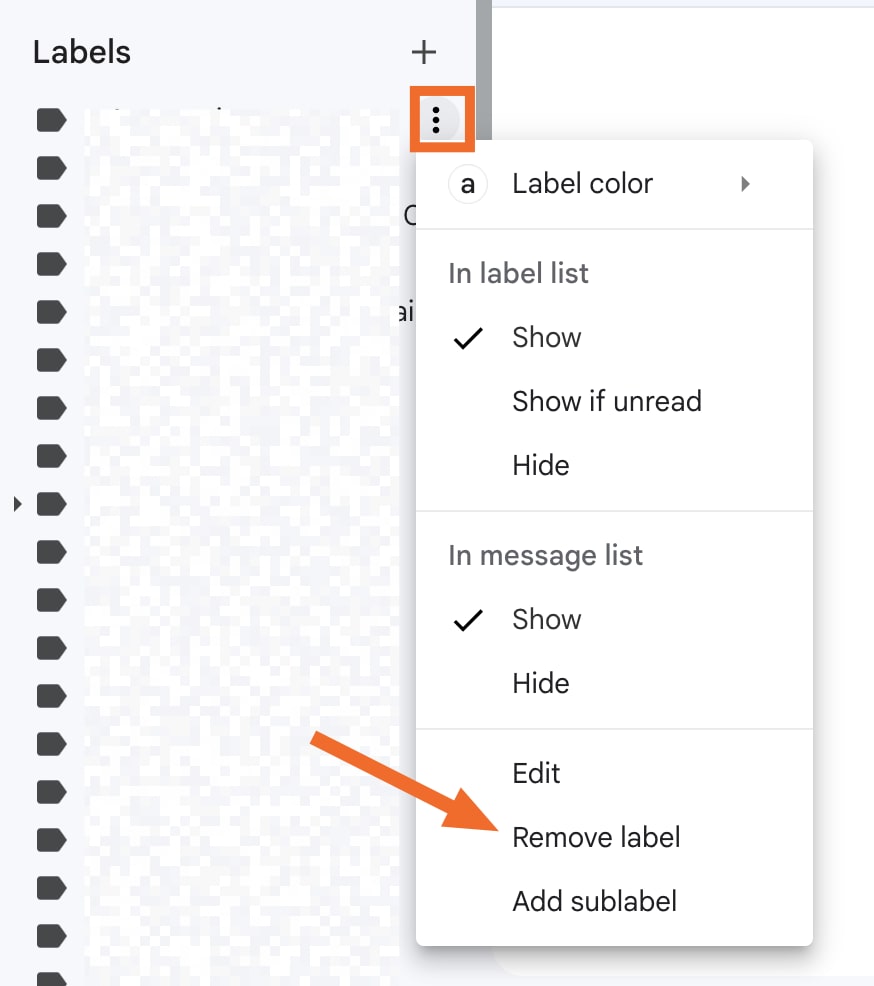 The Remove label option from the sidebar in Gmail