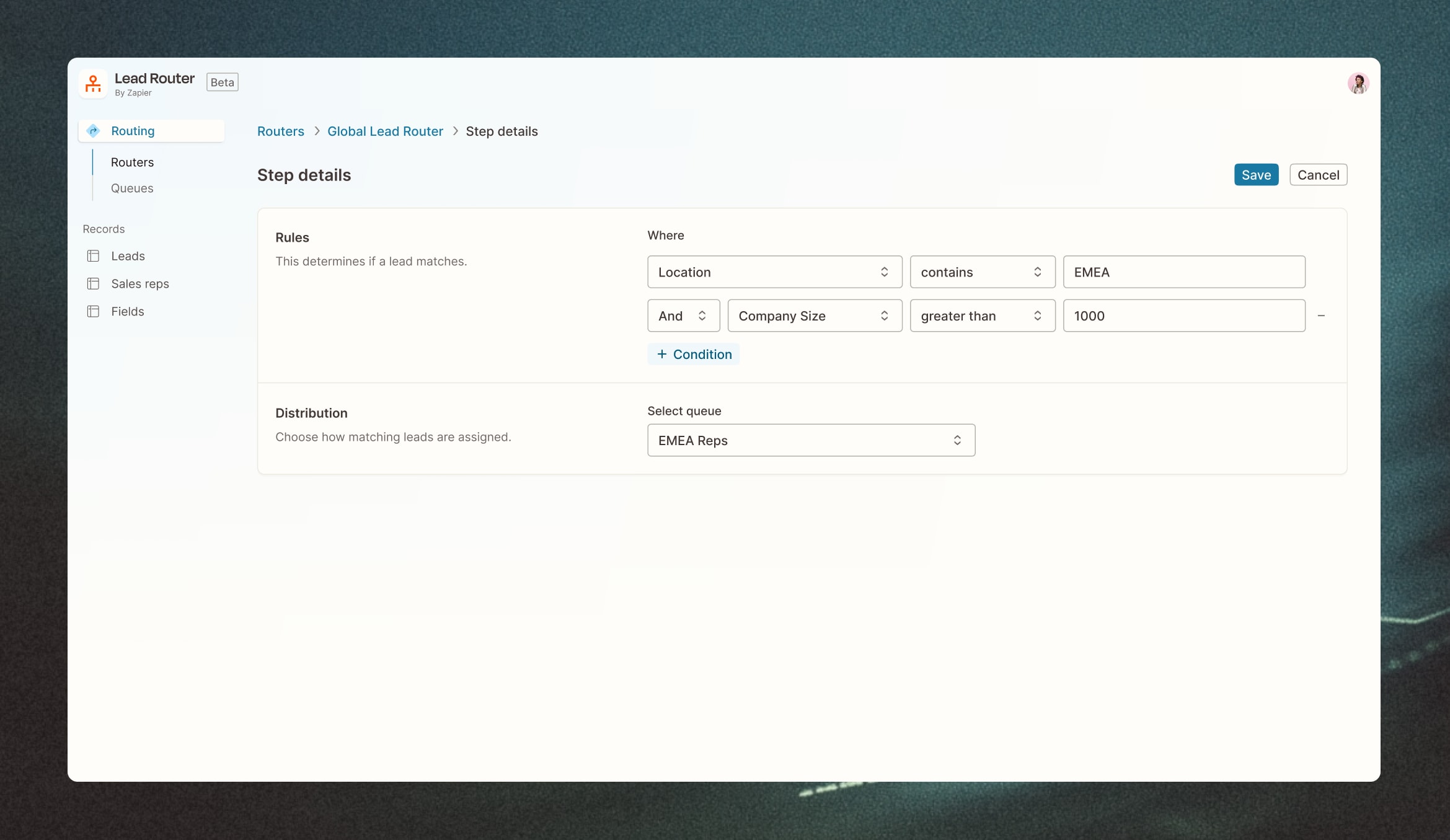 Zapier interface showing Lead router by Zapier