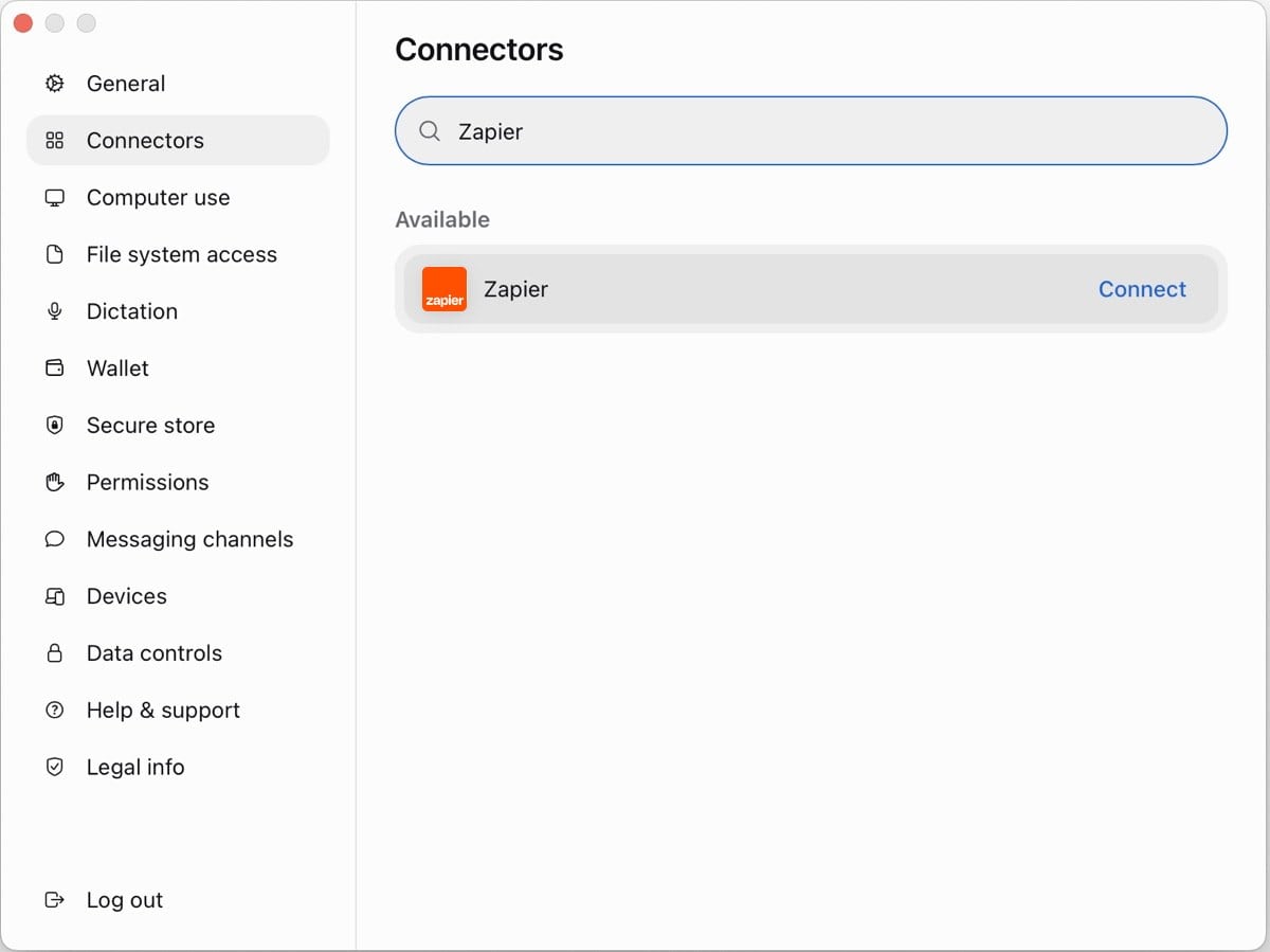 Muse Settings, Connectors tab, with Zapier in the search field and a Connect button