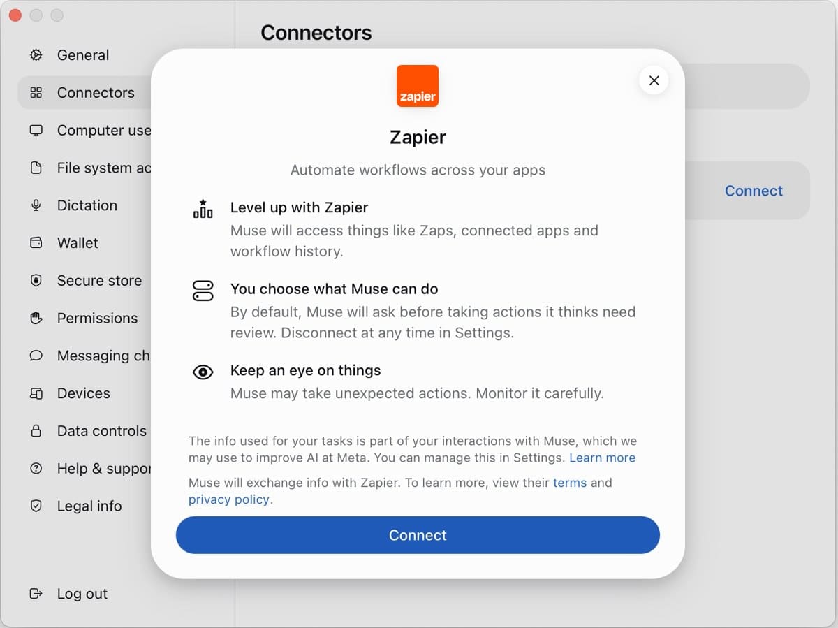 Zapier connector card in Muse explaining access, permissions, and monitoring, with a Connect button