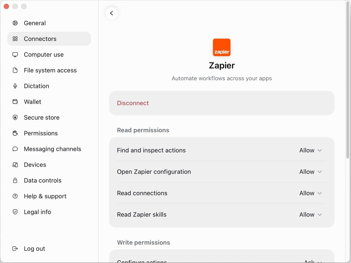 Zapier connector settings in Muse showing read permissions set to Allow and a Disconnect button