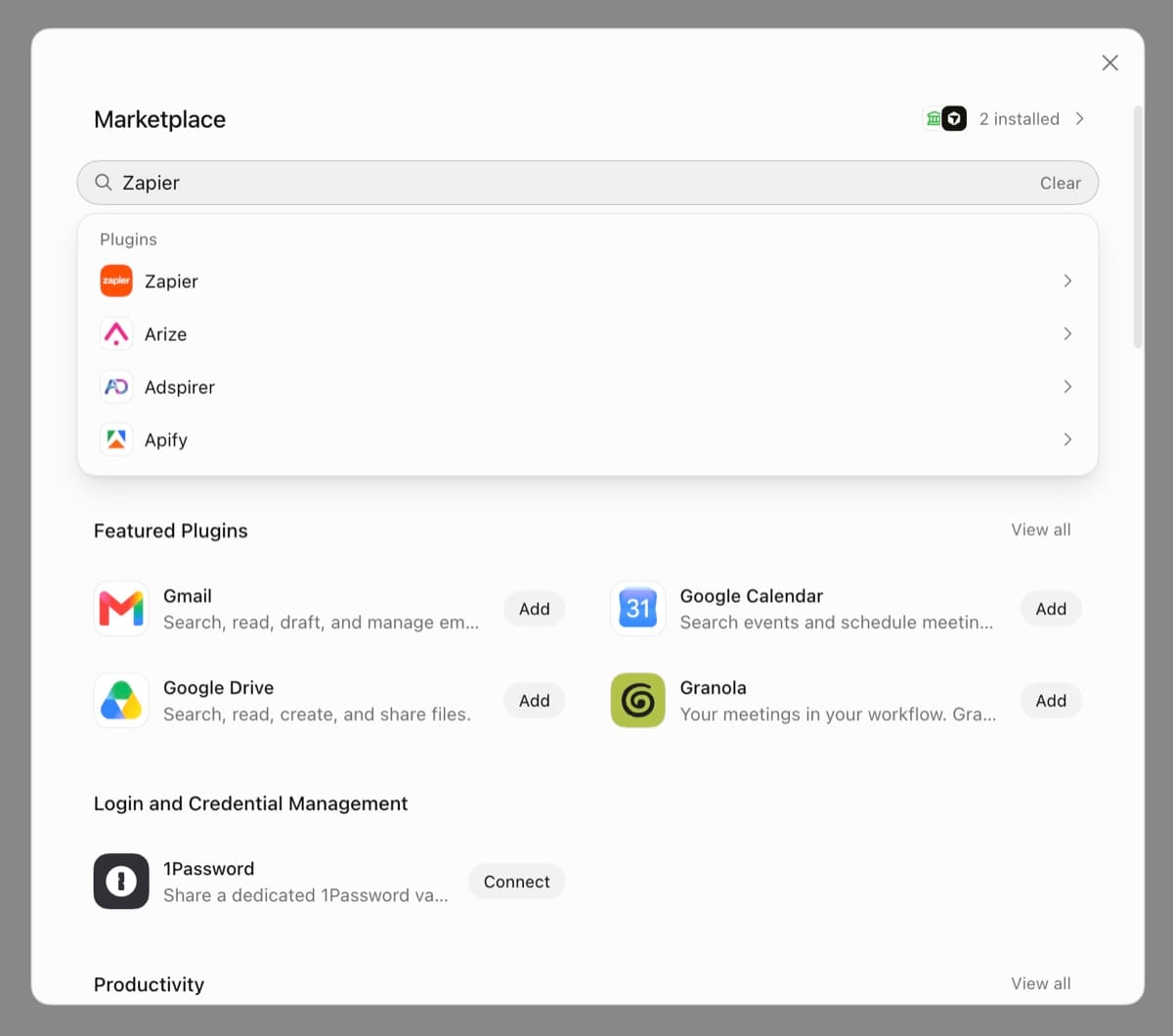 Grok Bot Marketplace with Zapier in the search field and the Zapier plugin listed under Plugins