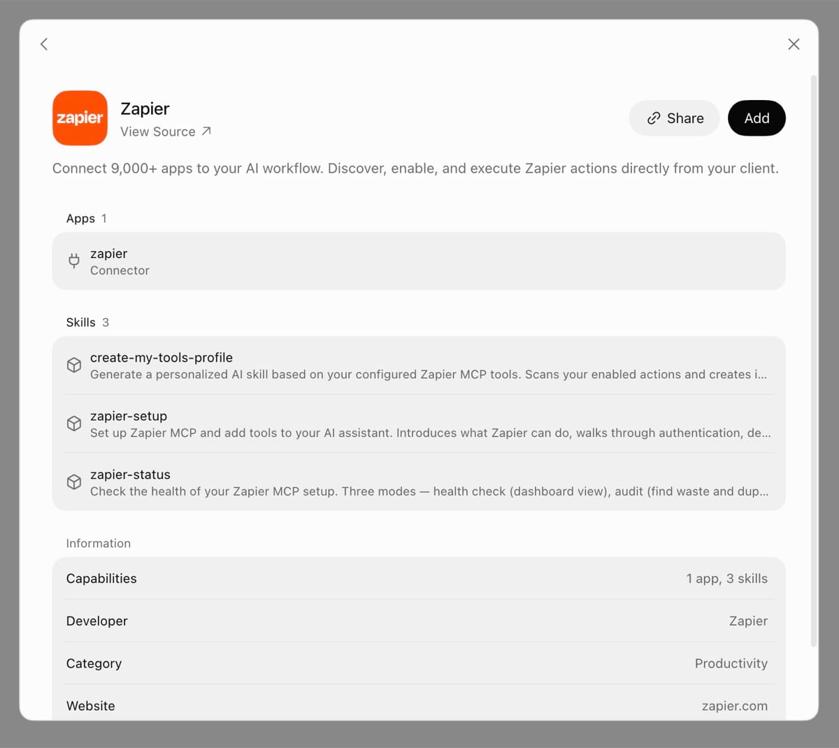 Zapier plugin page in the Grok Bot Marketplace showing the Zapier connector, three skills, and an Add button
