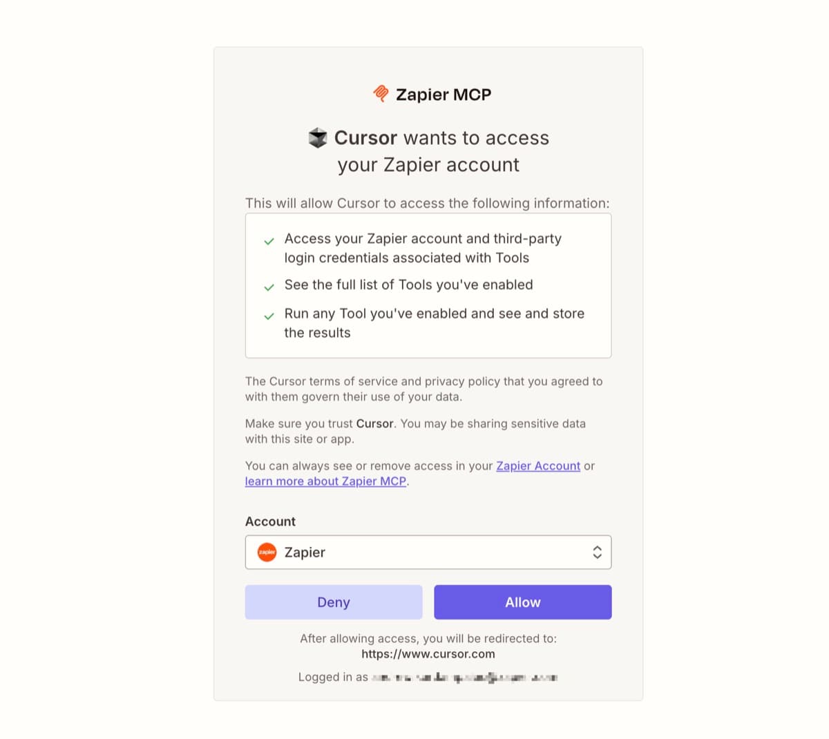 Zapier MCP consent screen asking to allow Cursor to access your Zapier account, with Deny and Allow buttons
