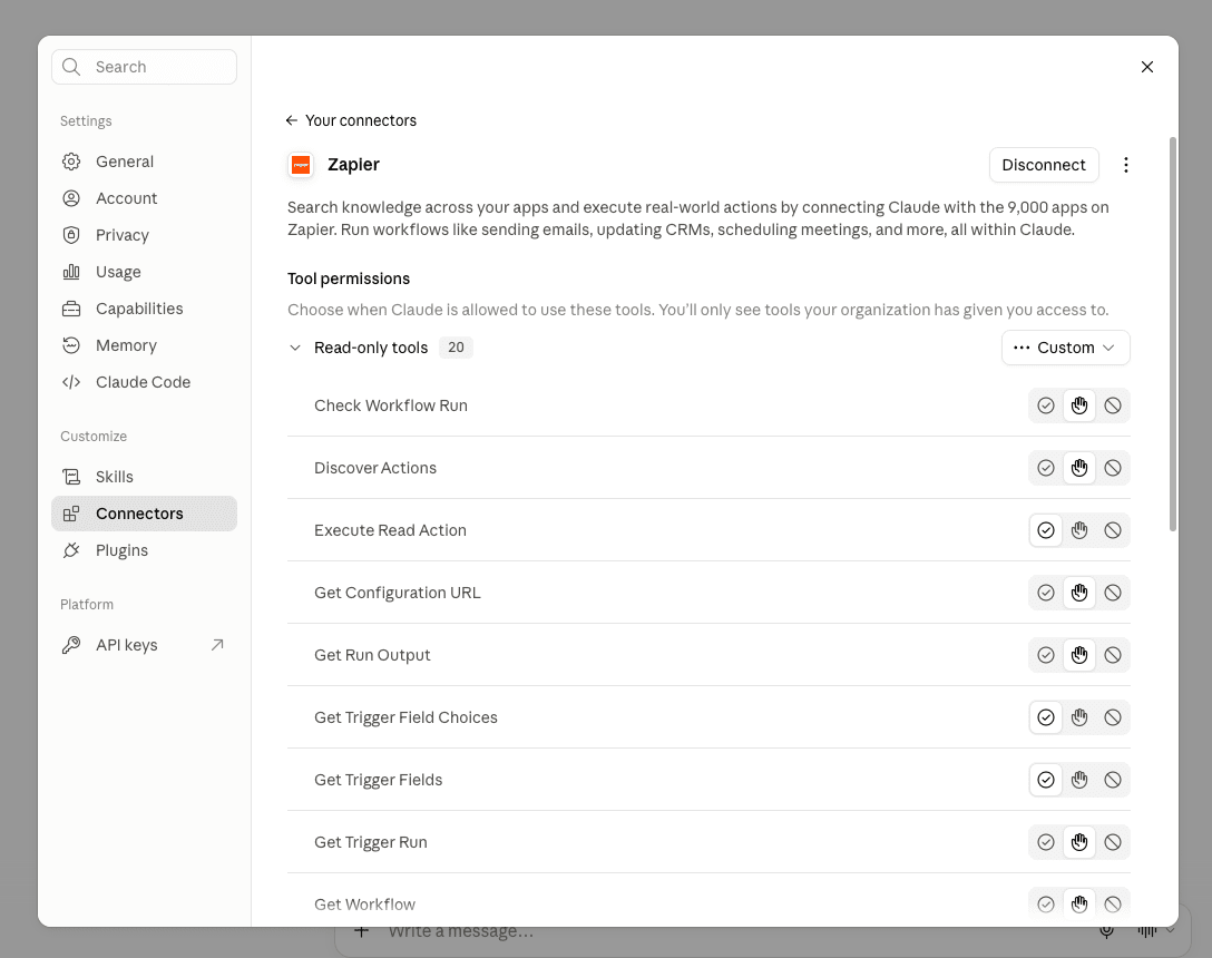 Claude Settings, Connectors page for Zapier, with Tool permissions listed and a Disconnect button