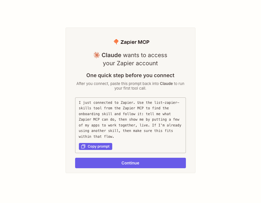 Zapier authorization screen for Claude with a setup prompt, a Copy prompt button, and a Continue button