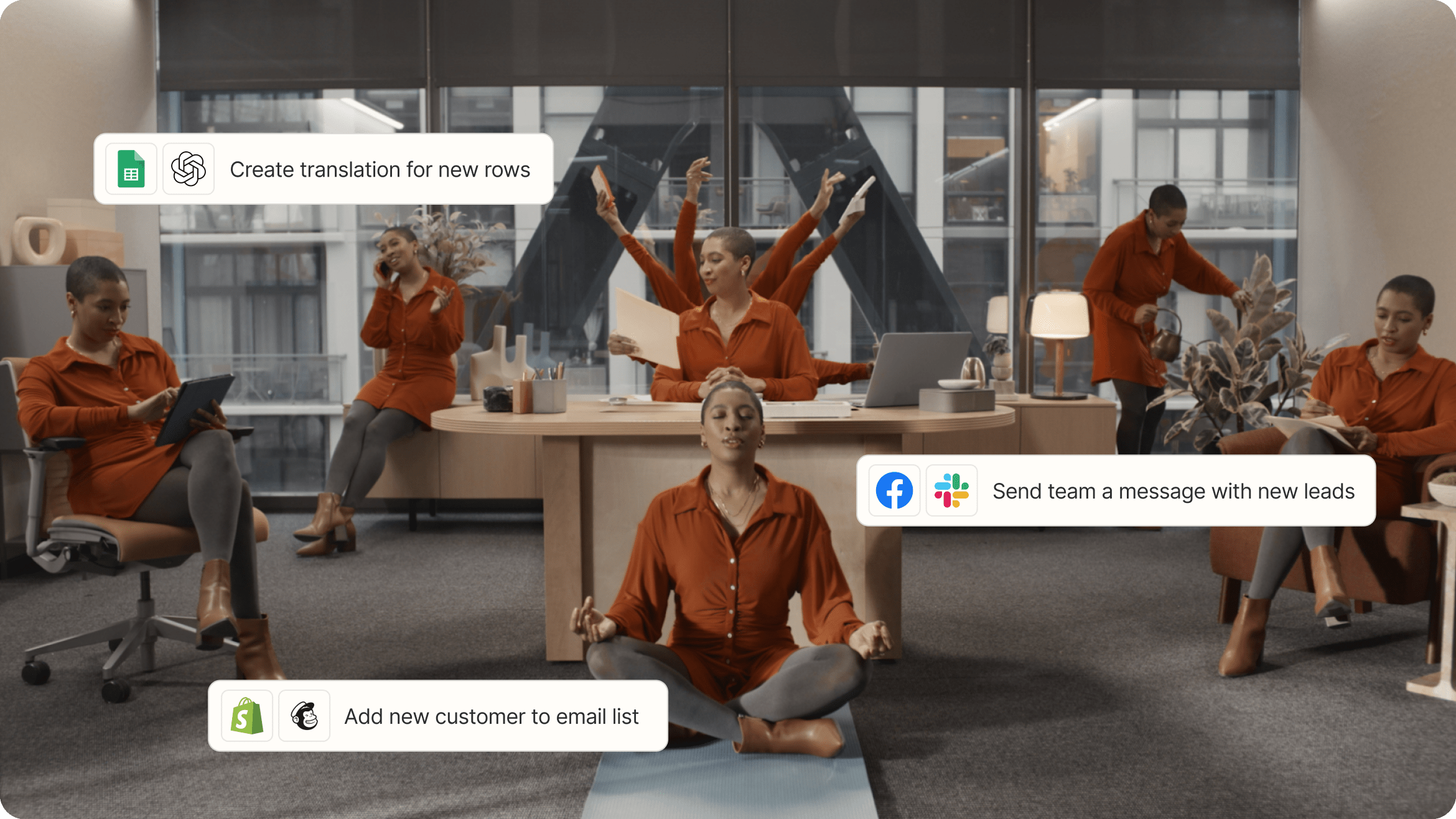 A woman with multiple sets of hands taking care of different tasks thanks to automation workflows set up in the background that does her busy work while allowing her to do what she enjoys doing best.