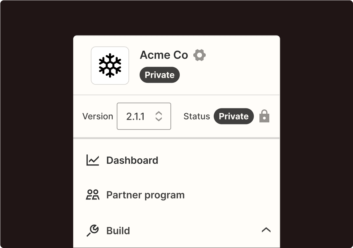 A product screen showing an app's integration status as private