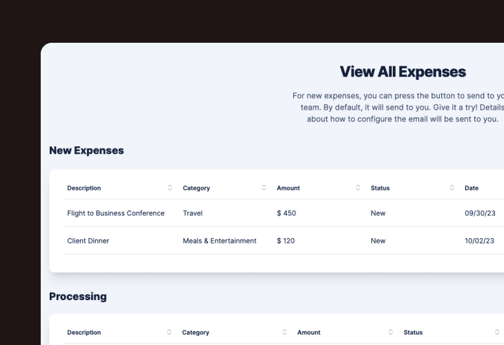 Expense hub with new and processing expenses