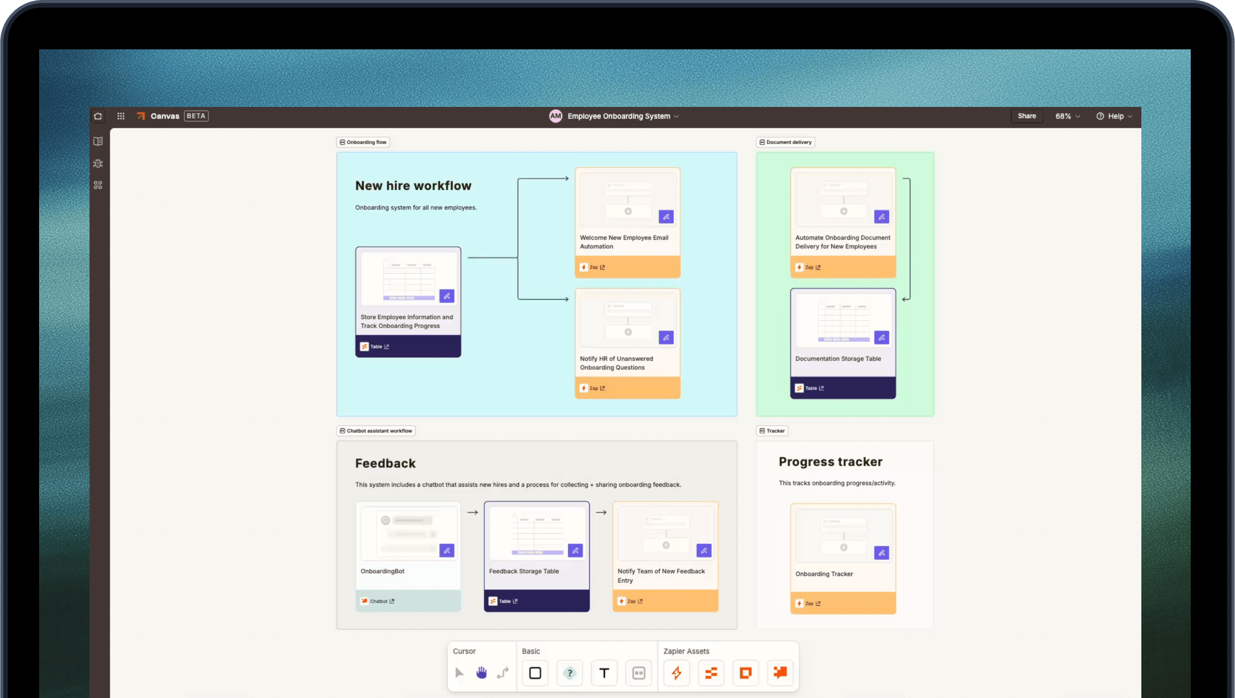 Interface do Canvas na tela do laptop