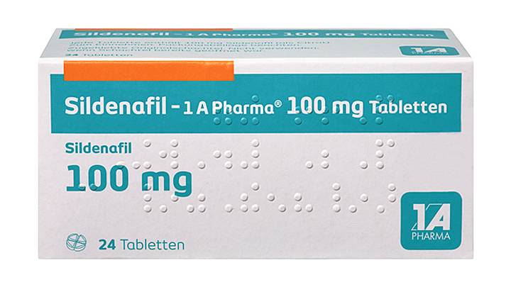 Vorderseite einer Packung Sildenafil 100 mg mit 24 Filmtabletten von 1A Pharma