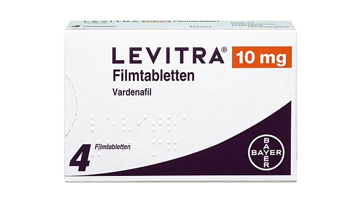 Vorderseite einer Packung Levitra 10 mg mit 4 Tabletten von Bayer