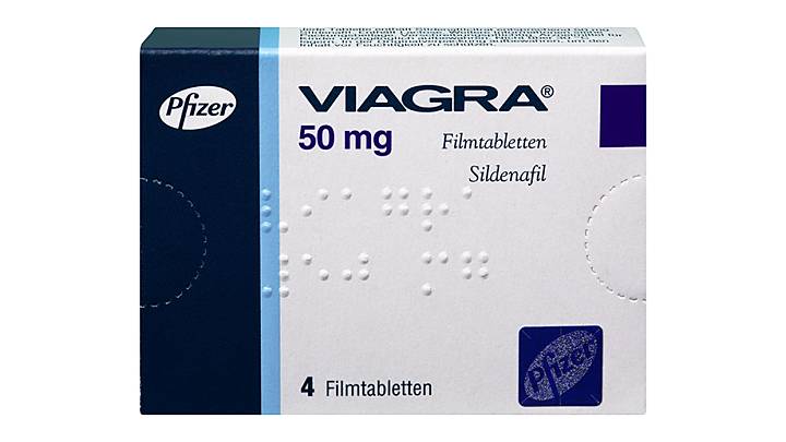 Vorderseite einer Packung Viagra 50 mg mit 4 Filmtabletten von Pfizer