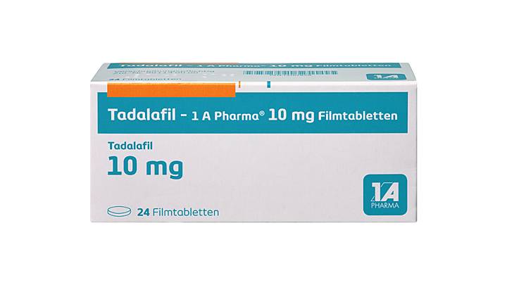 Vorderseite einer Packung Tadalafil 10 mg mit 24 Filmtabletten von 1A Pharma