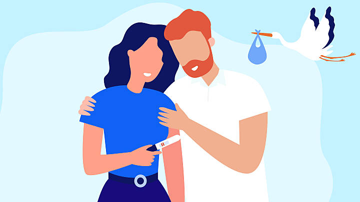 An animated image of a couple holding a positive fertility test