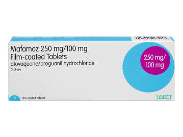 Pack of 12 Mafamoz 250mg atovaquone 100mg proguanil hydrochloride film-coated tablets