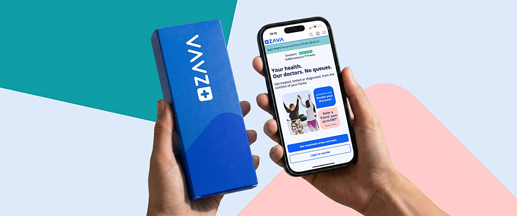 ZAVA packshot and smartphone mock up with refer a friend page