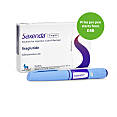 A box containing 5 Saxenda pens, a single unboxed Saxenda pen, and a sticker showing the price that the treatment starts from