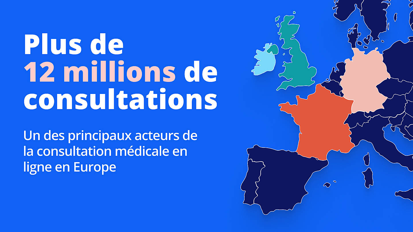 Carte de l’Europe sur fond bleu mentionnant 12 millions de consultations médicales en ligne ZAVA en Europe