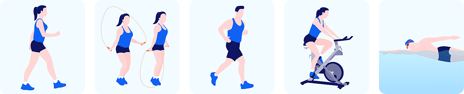 Images illustrant différents types d’exercices physiques comme la natation, la corde à sauter et la marche.