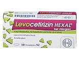 Vorderseite einer Packung Levocetirizin HEXAL® 5 mg mit 50 Filmtabletten von HEXAL