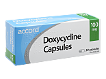 The front box of Doxycycline 100mg capsules