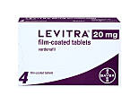 Packet front of four film-coated 20mg tablets of Levitra