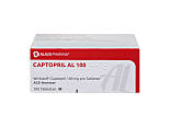 Vorderseite einer Packung Captopril 50 mg / 25 mg mit 100 Tabletten