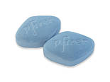 Two blue Viagra tablets with Pfizer imprinted on the front of each tablet