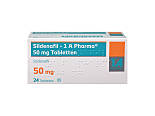 Vorderseite einer Packung Sildenafil 50 mg mit 24 Tabletten von 1 A Pharma.