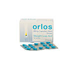 front of pack of 84 orlos 60mg orlistat oral hard capsules for weight loss with blister strip