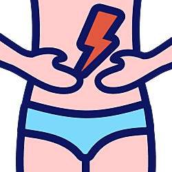 icon of a white belly and hands with blue underwear on crouched over in pain