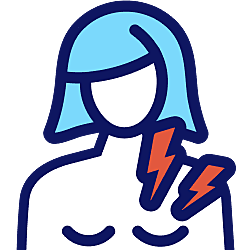 image of white woman icon illustration with blue hair with painful breasts illustrated by two lightning arrows in the colour red