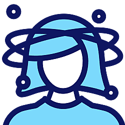 white icon of woman with blue hair and blue top (an illustation) with swirls around her head