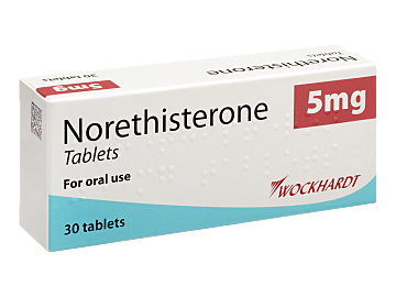 The front box of Norethisterone 5mg tablets which can be prescribed to delay your period